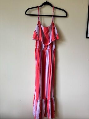 Old Navy Coral and Light Pink Striped Ruffle Maxi Dress